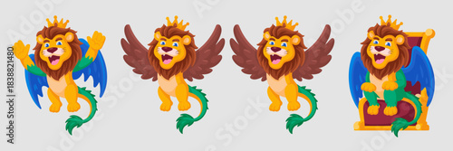 Regal crowned lion king mascot character, a playful mythical beast with a dragon tail and vector wings, dynamically posing and sitting on a golden throne; diverse cartoon graphic asset illustrations i