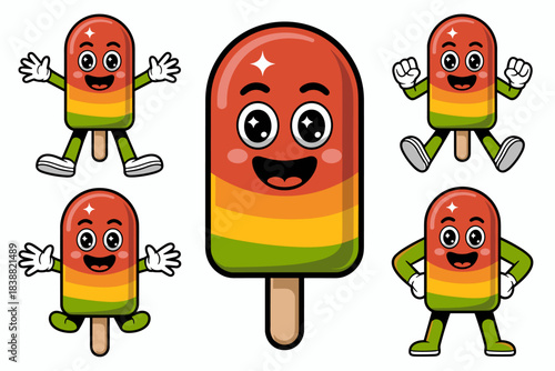 Five energetic, cheerful, and cute cartoon anthropomorphic striped fruit popsicle stick mascot character poses in a vibrant vector illustration, perfect bundle for sweet frozen summer treats, food adv