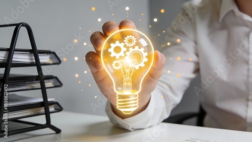 Person holding glowing light bulb with gears
