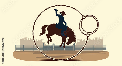 Dynamic rodeo illustration of a cowboy silhouette on a bucking bronco, framed by a looping rope lasso in a western arena.