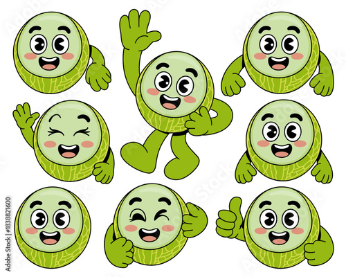 Playful anthropomorphic green honeydew melon fruit character mascot collection, featuring expressive happy faces, winking, waving, and thumbs-up poses, ideal for healthy eating campaigns, fitness mark