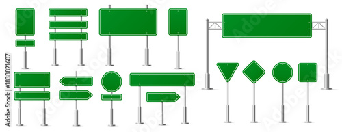 Green road street signs, directions signage with metal stands and posts. 3d Vector blank traffic signs for roads, highways or city navigation, transportation maps, travel infographics, driving school