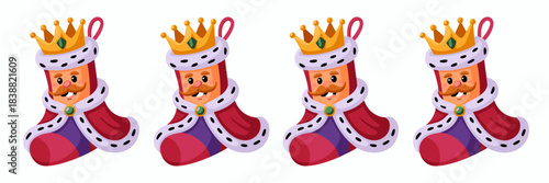Four identical cartoon royal Christmas stockings illustrations of a majestic smiling king figure wearing a glittering gold crown, rich red robe, and purple attire, ideal festive seasonal holiday vecto