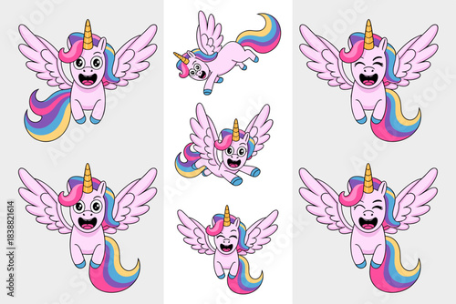 A set of cute, happy, flying pink unicorn pegasus characters with colorful rainbow mane and tail in various joyful, excited poses, a magical cartoon vector illustration and graphic resource for childr