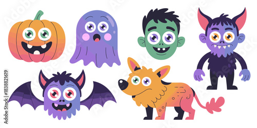 Whimsical Halloween cartoon monster character collection set featuring a grinning pumpkin jack-o'-lantern, purple spooky ghost, green zombie, flying bat creature, and mythical beast illustration graph