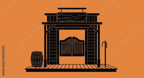 Simple black silhouette illustration of an old western saloon with swinging doors, a barrel, and a horseshoe on an orange background.