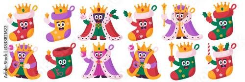 Cheerful graphic set of Three Kings and Magi characters depicted as whimsical Christmas stockings and royal figures, celebrating the Epiphany holiday tradition, perfect for seasonal advertising, greet