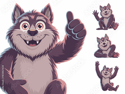 Adorable cheerful friendly cartoon wolf or stylized werewolf mascot character illustration, happily giving a thumbs up sign gesture for success, excellent approval, and promotion, detailed vector grap