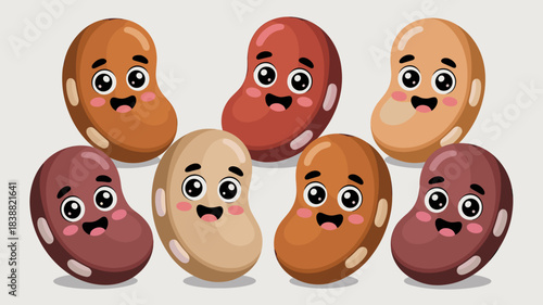 A happy collection of assorted colorful beans illustrated in a cute kawaii vector cartoon style, featuring smiling anthropomorphic legume characters perfect for healthy food, nutrition, protein, and d