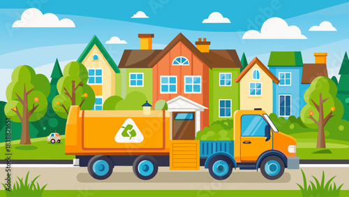 A garbage truck is driving down a street with houses in the background. The truck is orange and has a green logo on it. The scene is peaceful and calm, with trees lining the street