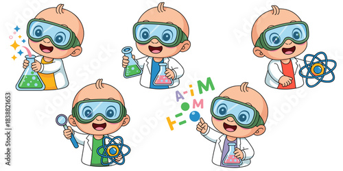 Adorable cartoon baby scientist wearing safety goggles and lab coat enthusiastically exploring physics and chemistry concepts, holding beakers, atom models, and magnifying glass for dynamic early chil