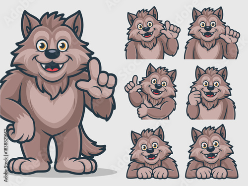 Friendly brown wolf cartoon mascot character illustration set showing multiple poses like standing and pointing, giving thumbs up, waving hello, and resting, designed as a useful vector graphic resour