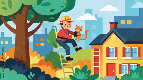 A man in a fireman's uniform is holding a cat on a ladder. The cat is on the roof of a house