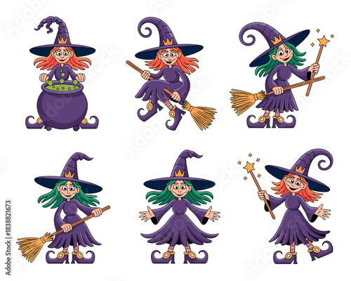 Cute cartoon witch character set vector illustration graphic resource showing six different magical poses stirring a bubbling cauldron, flying on a broomstick, holding a star-tipped wand, ideal for sp