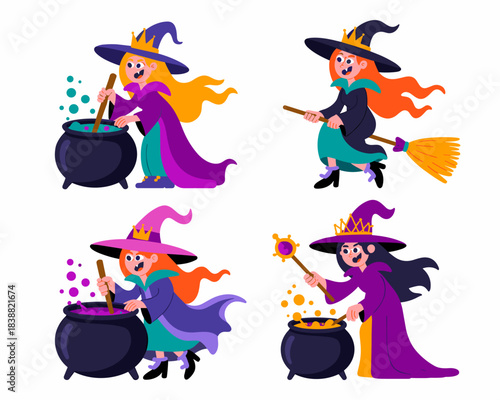 Vibrant cartoon witches characters collection set performing magical rituals, stirring colorful bubbling potions in cauldrons, and flying on a magic broomstick; playful vector illustration graphic ass