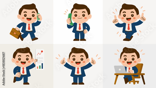 A collection of six vibrant vector cartoon illustrations showcasing a cheerful chibi businessman or office worker executive in a blue suit performing essential corporate tasks like dynamic phone commu