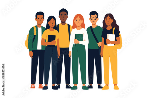 Group of diverse students standing together holding books and backpacks, flat vector illustration