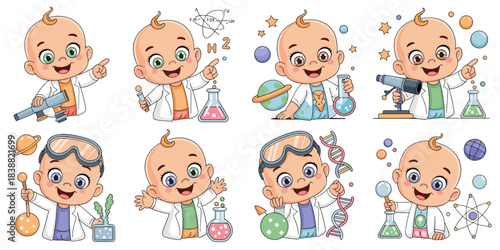 Adorable cartoon baby scientist character collection discovering fundamental concepts in physics, chemistry, and biology, using research tools like a microscope, telescope, and DNA model illustration