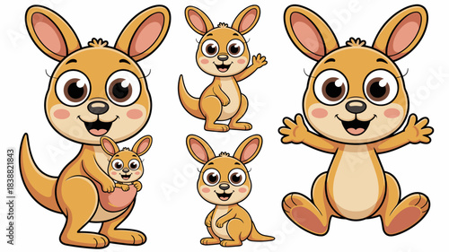 Cute cartoon kangaroo character set collection featuring a happy, smiling mother marsupial holding her adorable joey in a pouch, isolated vector illustration bundle perfect for children's education, z
