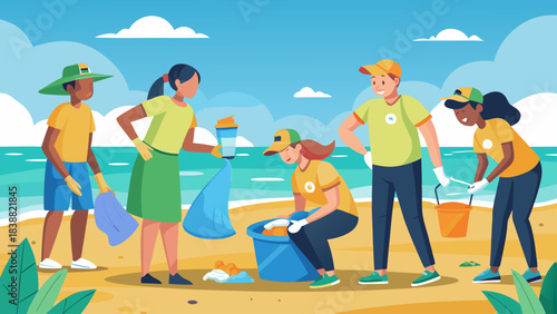 A group of people are cleaning up a beach. They are wearing yellow shirts and hats. The beach is littered with trash, including plastic bottles and cups