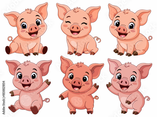 Six adorable little baby pink pig character illustrations, a cute cartoon piglet collection happily smiling and waving, joyful cheerful mascot farm animal set isolated on a white background, perfect v
