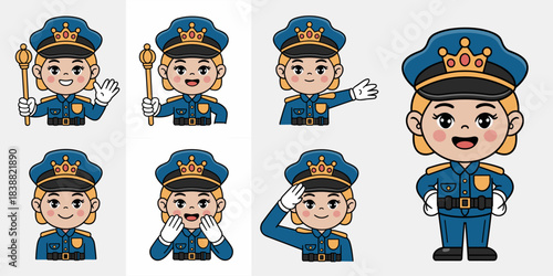 Adorable cartoon female police officer character set of expressive avatars, showing a traffic cop or security guard saluting, waving, and directing, a friendly, professional blonde woman mascot in a b
