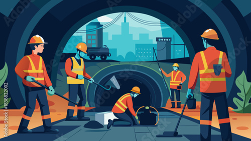 A group of construction workers are working in a tunnel. The workers are wearing safety gear and are using tools to complete their work. Scene is serious and focused
