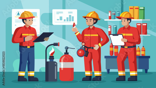 Three men in red fire suits are standing around a fire hydrant. One of them is holding a red fire extinguisher