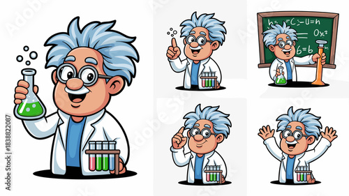 Cheerful cartoon scientist professor mascot character bundle demonstrating chemistry experiments, holding a bubbling green flask and test tubes, ideal vector illustration set for laboratory learning,