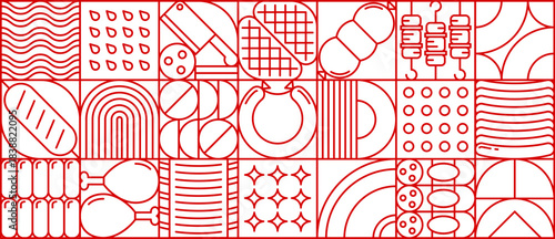Abstract geometric meat pattern. Vector red line art tile background, culinary backdrop featuring assorted food elements like meat, sausages, bread and cooking utensils in a modern, linear grid layout