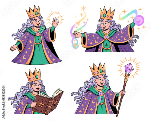 Powerful mystical sorceress queen character set vector illustration featuring a beautiful royal woman casting colorful magic spells, reading an ancient fantasy book, and holding a glowing crystal staf