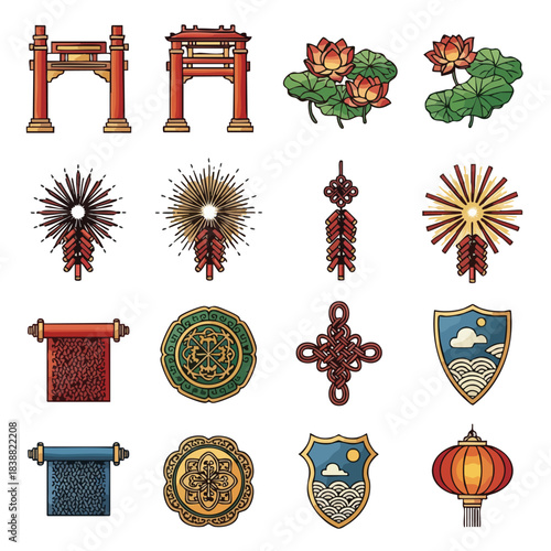 A vibrant collection of Chinese New Year icons featuring traditional symbols, including a torii gate, lotus flowers, scrolls, and lanterns, rendered in colorful, intricate designs. Perfect