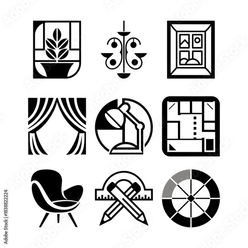 A minimal icon set representing key elements of interior design, including furniture, lighting, planning tools, room layout, decor items, and visual styling components.