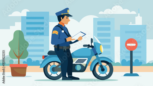 A police officer is on a motorcycle and is looking at a piece of paper. The scene is set in a city with tall buildings in the background