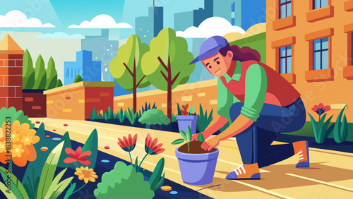 A woman is planting a flower in a pot. The scene is set in a city with a brick wall in the background