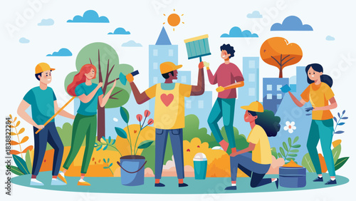 A group of people are working together to clean up a park. They are all wearing green shirts and holding paintbrushes