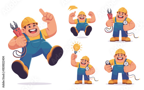 Energetic cartoon electrician mascot character in safety hardhat and blue overalls celebrating success and bright new ideas with pliers and multimeter tools, perfect vector illustration for profession