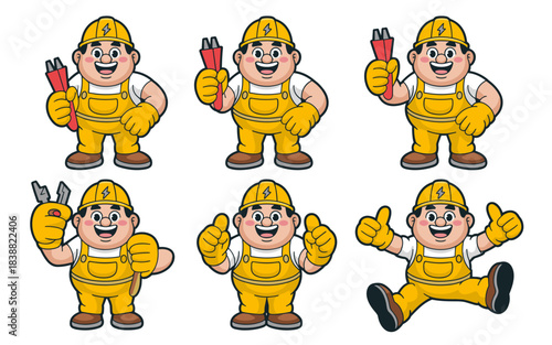 Happy electrician worker cartoon mascot giving a joyful thumbs up, celebrating safety and professional repair service, a cute vector illustration of a friendly maintenance handyman wearing yellow over