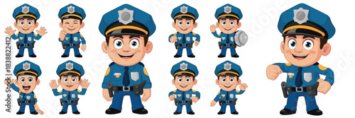Friendly cartoon police officer mascot character collection set featuring twelve different action poses, standing, running, and smiling, wearing a professional blue uniform and hat, vector illustratio