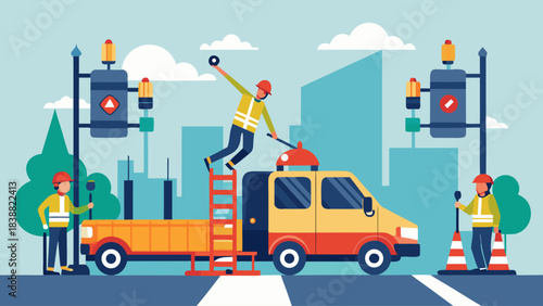A group of construction workers are working on a street. One of the workers is on a ladder, and another is on a truck. The scene is set in a city with traffic lights and a few cars
