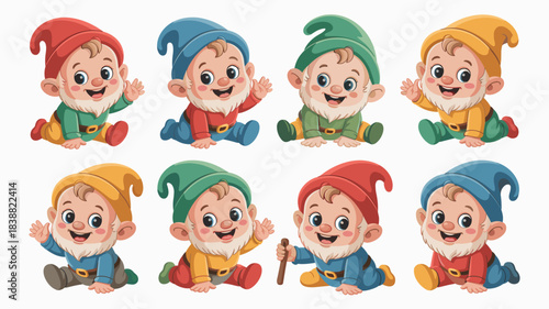 Adorable cartoon vector illustration set of eight happy baby gnomes, infants, and toddlers, dressed in colorful dwarf hats and clothes, sitting, crawling, and waving joyfully, ideal for nursery educat