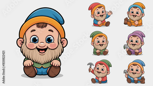 Adorable baby gnome dwarf character set vector illustration, seven cheerful fantasy fairytale sprites with colorful pointed hats and long beards, smiling happy mascot collection isolated for whimsical