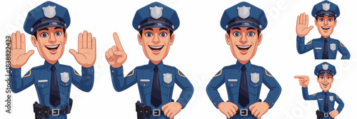 Helpful and friendly cartoon policeman character vector illustration set wearing a dark blue uniform and hat, giving stop instruction gestures, pointing directions for public safety, law enforcement,