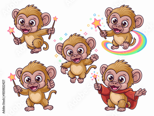 Collection of adorable baby monkeys acting as little wizards, holding magical star wands and flying on a vibrant rainbow, featuring a cute primate character wearing a red superhero cape, a joyful and