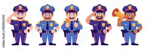 A cheerful and friendly diverse group of professional cartoon police officers, saluting and communicating using a megaphone or radio, illustrating law enforcement, public safety, and security concepts