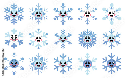Adorable, cheerful, and cute cartoon snowflake character icons smiling happily with rosy cheeks in a large vector collection, perfect for frosty winter holiday season promotions and modern graphic res
