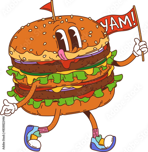 Cartoon groovy hippie burger character walking with a cheerful retro y2k vibe, holding a flag reading yam. Vector cute and funky comic fast food y2k mascot, beefburger personage with expressive face