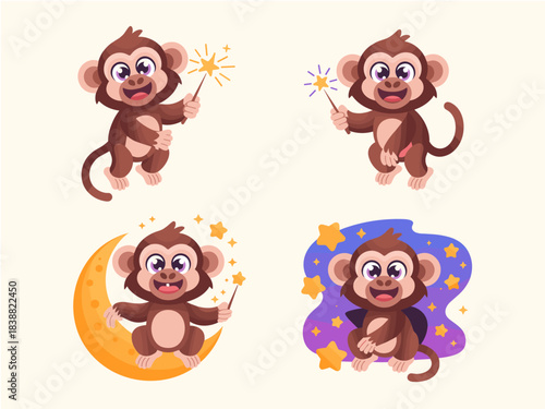 Adorable primate baby monkey cartoon mascot character set performing magic spells with a shining wand, sitting on the crescent moon, and wearing a superhero cape, ideal graphic resource for playful ch