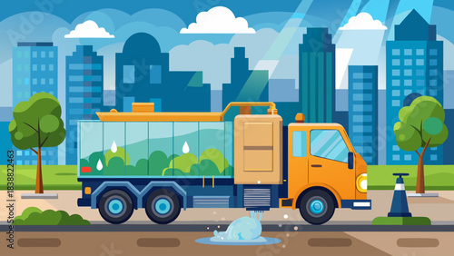 A large orange truck is driving down a city street. The truck is carrying a large container of water