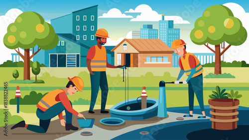 Three construction workers are working on a project in a park. The workers are wearing safety gear and are focused on their task. The scene is peaceful and serene, with trees